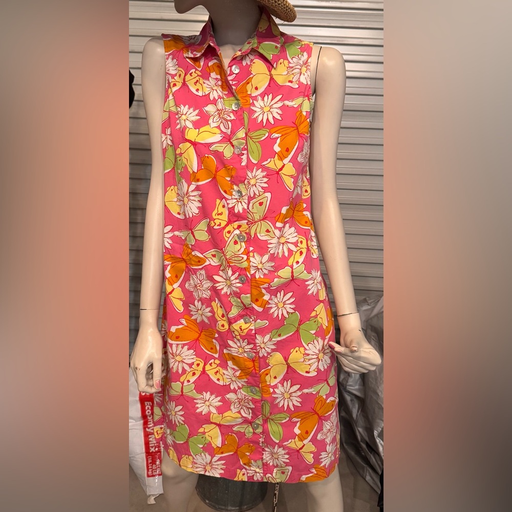 PALM LILLY PINK BUTTERFLY DRESS SHIFT SHIRT DRESS CASUAL SUMMER SHELL BUTTONS-Sm